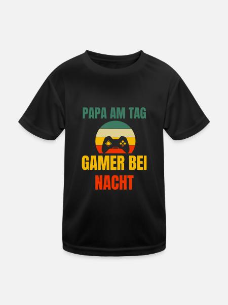 Papa Am Tag Gamer Bei Nacht Vatertag Retro Gaming - Kinder Funktions-T-Shirt - Schwarz - Vorne