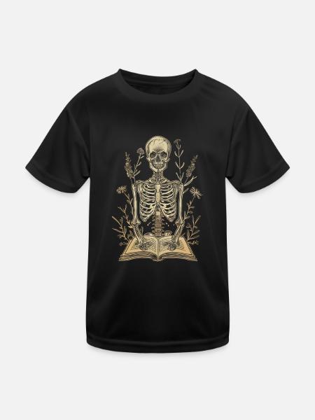 Skelett im Büchergarten Leseratte Bücherwurm - Kinder Funktions-T-Shirt - Schwarz - Vorne