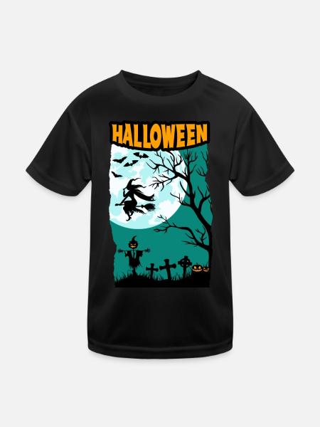 Halloween with witch full moon pumpkins and cemetery - Kids Functional T-Shirt - black - Front