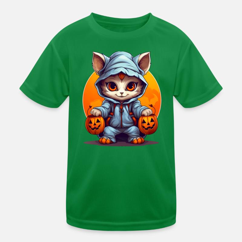 Dressed up Halloween cat with jack lanterns Kids Functional T-Shirt