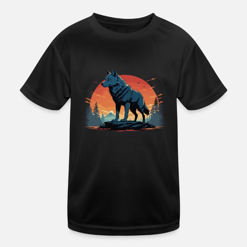Wolf Howling Golden Hour Landscape Illustration Kids Functional T-Shirt