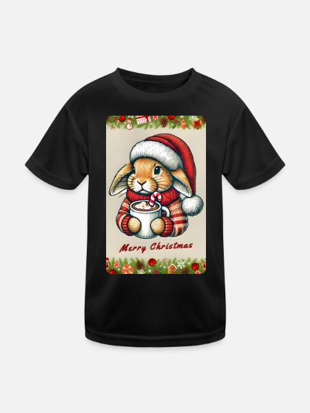 Weihnachts-Hase mit heißer Schokolade - Kinder Funktions-T-Shirt - Schwarz