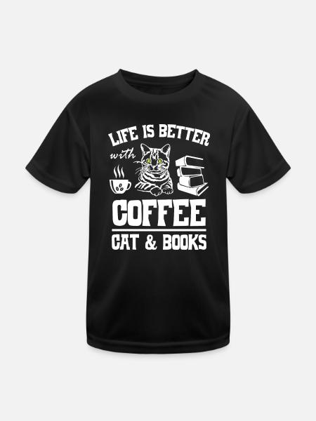 Life is Better with Coffee Cat and Books - Kinder Funktions-T-Shirt - Schwarz - Vorne