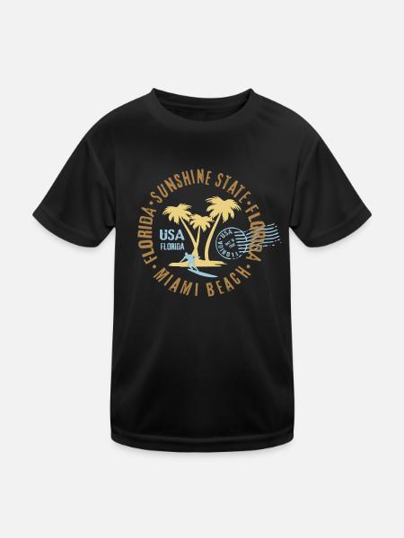 Miami Beach, Floride, palmiers, surf, timbre surfeur - T-shirt sport Enfant - noir - Devant