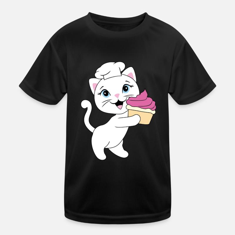 Cute white cat carries a cupcake - Kids Functional T-Shirt - black
