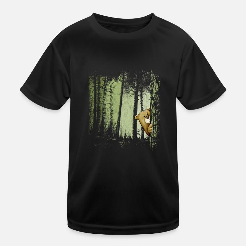 Funny comic bear hidden in the forest Kids Functional T-Shirt