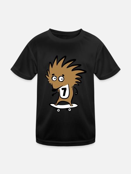 Skate Igel "Knut Heinrich" mit Startnummer 7 - Kinder Funktions-T-Shirt - Schwarz - Vorne
