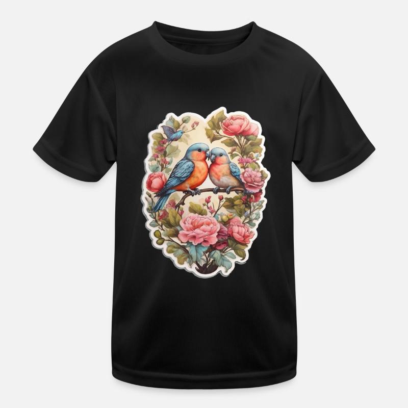 Zwei Turteltauben sitzen auf einem herzförmigen As Kinder Funktions-T-Shirt