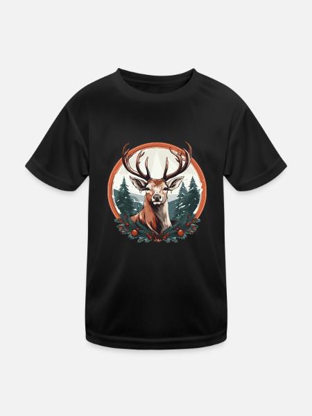 Rentier mit Weihnachtskugeln und Mütze - Kinder Funktions-T-Shirt - Schwarz - Vorne