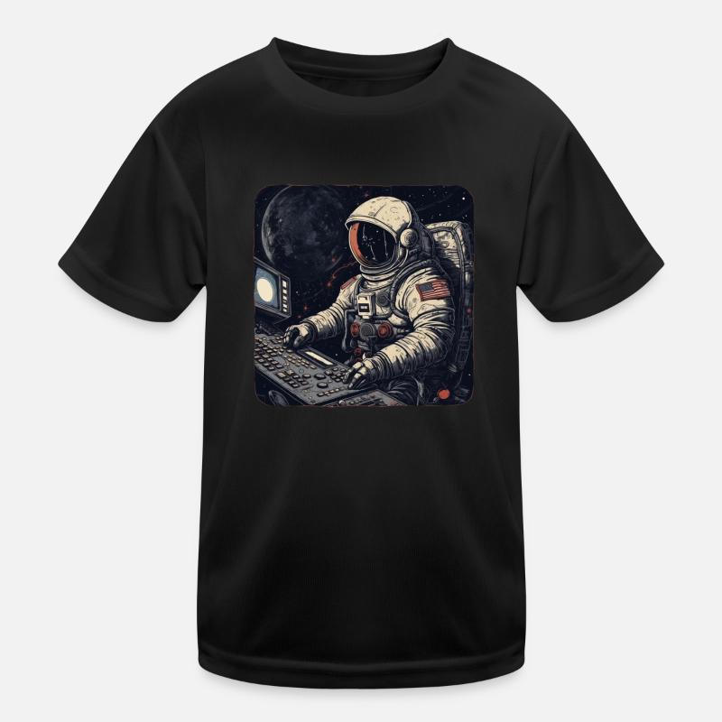 Cool retro astronaut operates computers Kids Functional T-Shirt