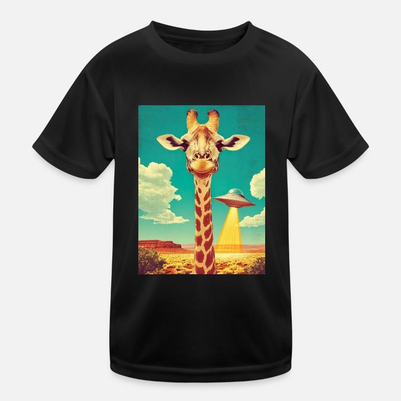 Retro Giraffe with UFO Kids Functional T-Shirt