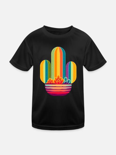 Regenbogen Kaktus - Kinder Funktions-T-Shirt - Schwarz - Vorne