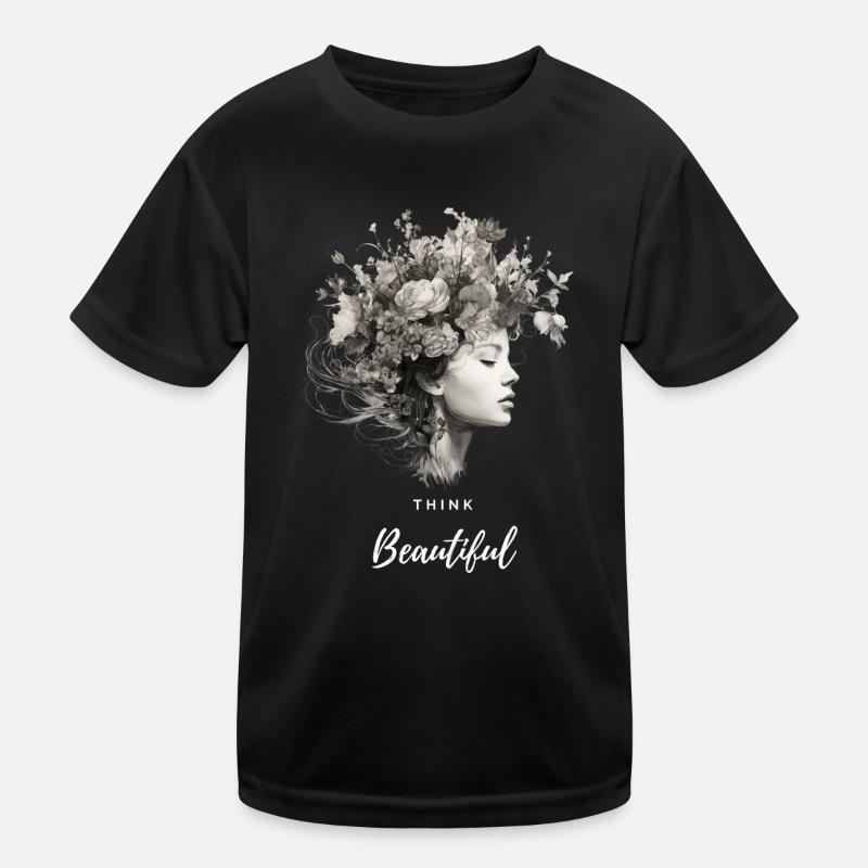 THINK BEAUTIFUL CLEAN FRAU MIT BLUMEN Kinder Funktions-T-Shirt