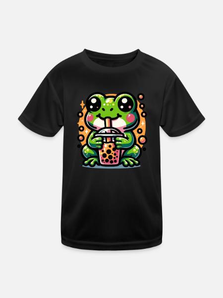 Bubble Tea Frog Boba Tea Kawaii Gift - Kids Functional T-Shirt - black