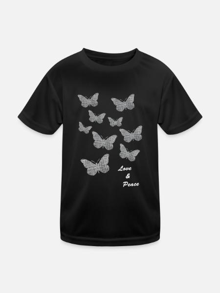Schmetterling, Butterfly, Love and Peace - Kinder Funktions-T-Shirt - Schwarz - Vorne