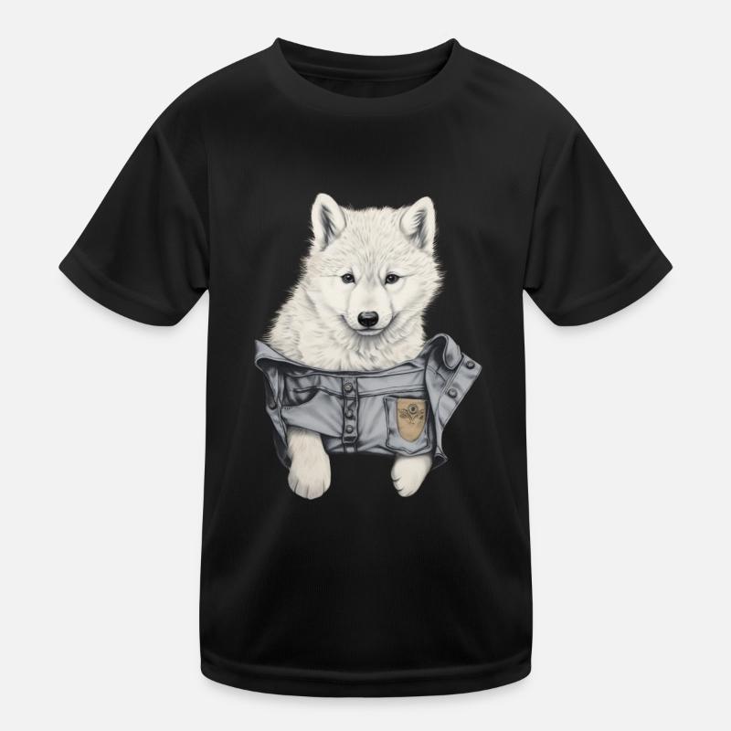 Cute White Wolf in Pocket Funny Wolves Graphic Kids Functional T-Shirt