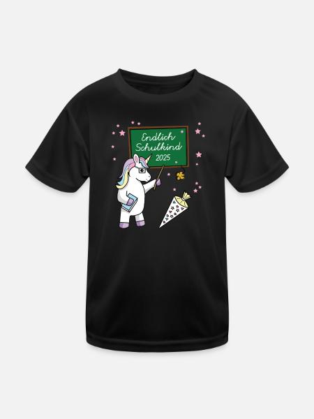 Endlich Schulkind 2025 Einschulung Schule Einhorn - Kinder Funktions-T-Shirt - Schwarz - Vorne