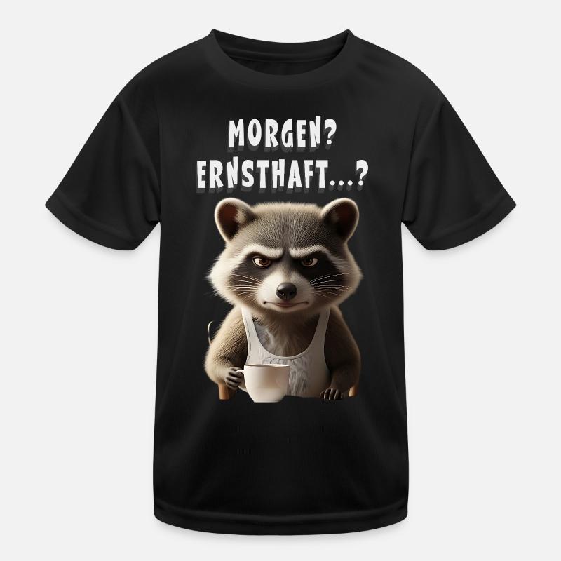 Grumpy raccoon with coffee saying morning grouch - Kids Functional T-Shirt - black