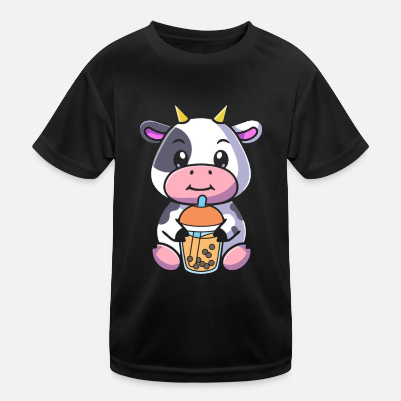 Bubble Milk Tea Cow Drinking Boba Milk Tea Kids Functional T-Shirt