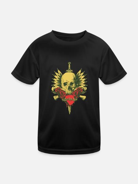 SKULL, WINGS, SWORD AND ROSES - Kids Functional T-Shirt - black