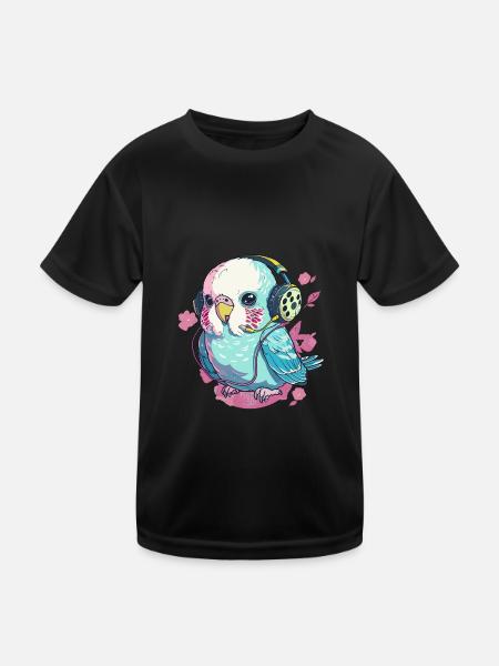Musikalischer Wellensittich Vogel Kopfhörer - Kinder Funktions-T-Shirt - Schwarz - Vorne