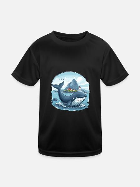 Küstendorf und Riesenwal Skandinavien - Kinder Funktions-T-Shirt - Schwarz - Vorne