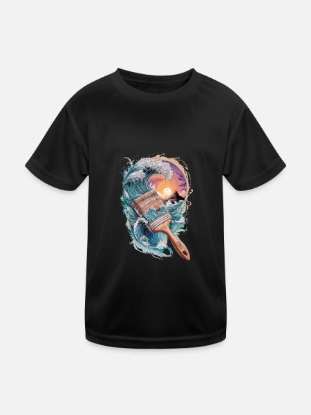 Ozeanwelle und Sonnenuntergang Pinsel Kunstwerk - Kinder Funktions-T-Shirt - Schwarz