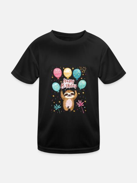 Liebenswertes Faultier hält Geburtstagsballons - Kinder Funktions-T-Shirt - Schwarz - Vorne