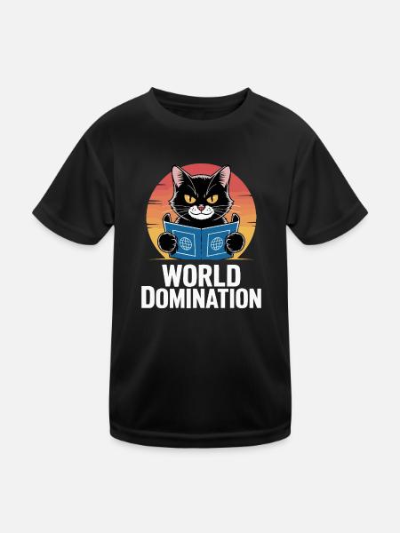 World domination – cat with big plans - Kids Functional T-Shirt - black - Front