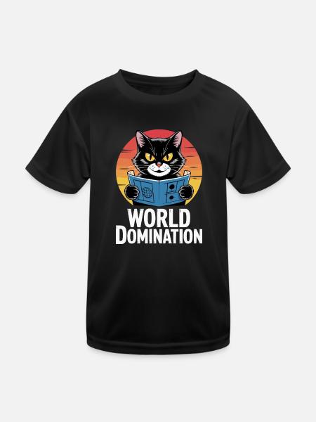 World domination – cat with big plans - Kids Functional T-Shirt - black - Front