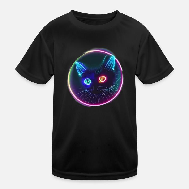 Schwarze Katze mit Neonaugen - Kinder Funktions-T-Shirt - Schwarz