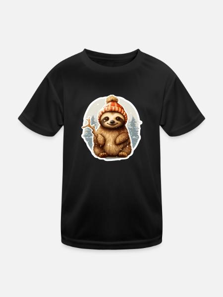 funny sloth in snowfall - Kids Functional T-Shirt - black - Front