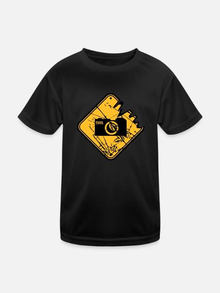 Danger warning sign camera - Kids Functional T-Shirt - black - Front