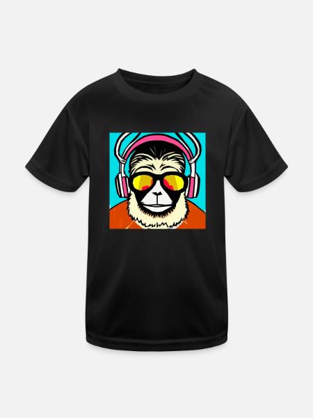 Monkey listening to music with headphones - Kids Functional T-Shirt - black