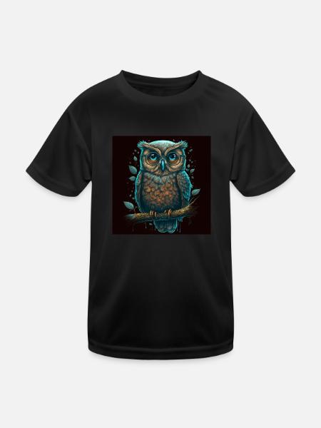 Cute nerdy owl with glasses on a branch - Kids Functional T-Shirt - black - Front