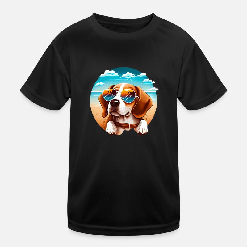 Beagle mit Sonnenbrille am Strand Kinder Funktions-T-Shirt