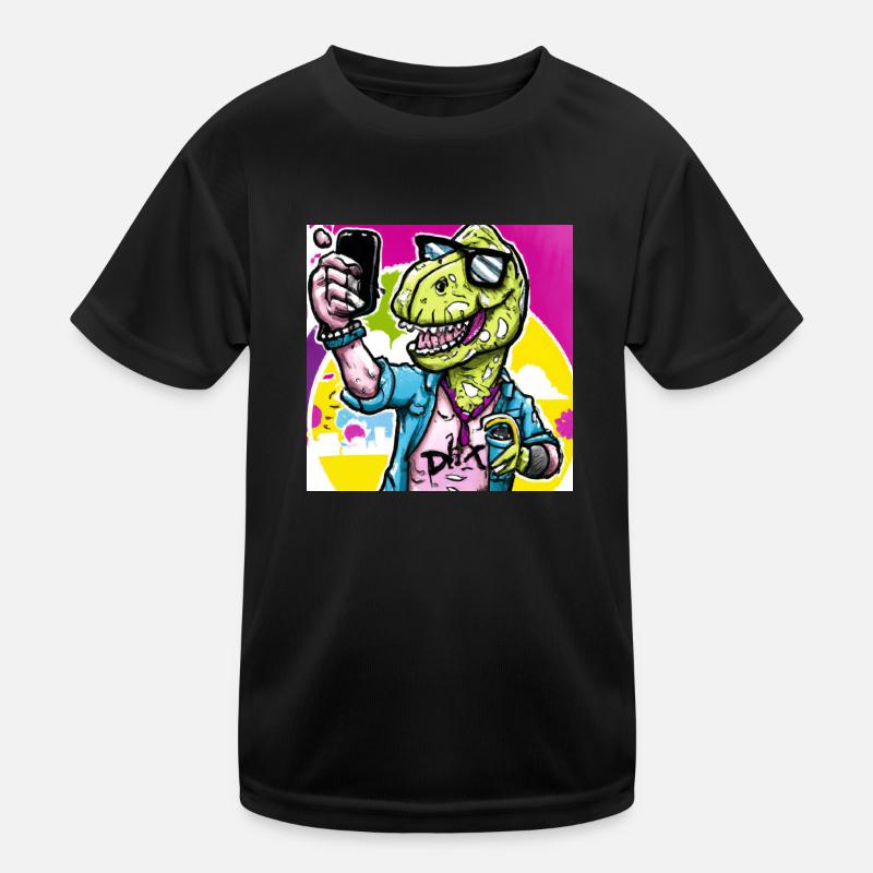 Dinosaur Makes Selfie Gift - Kids Functional T-Shirt - black