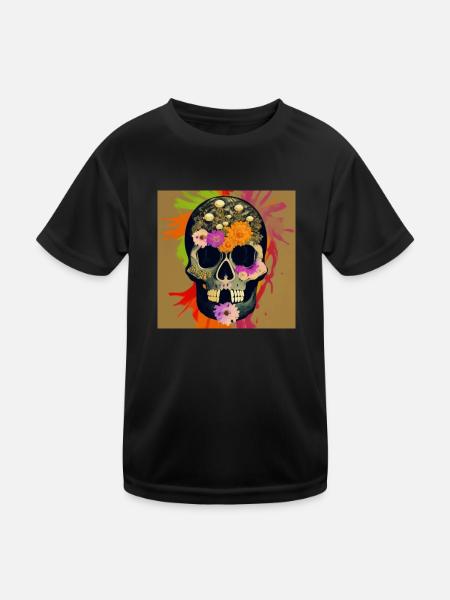 Skull with jewelry made of flowers - Kids Functional T-Shirt - black - Front