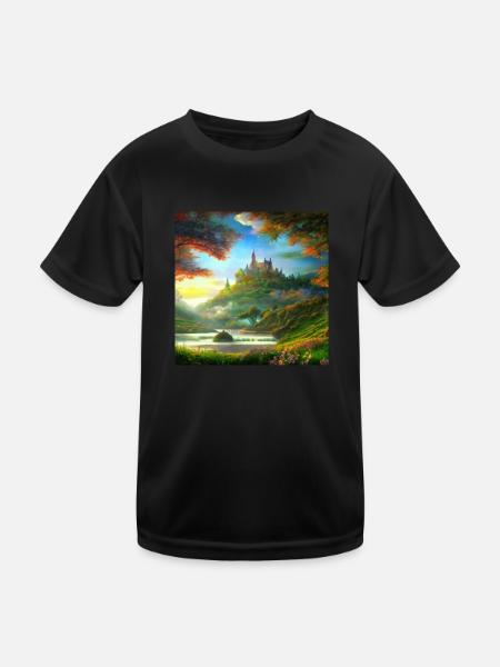 Gemälde einer Fantasielandschaft bei Sonnenaufgang - Kinder Funktions-T-Shirt - Schwarz - Vorne