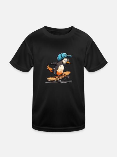 Schlittschuhlaufender Pinguin - Kinder Funktions-T-Shirt - Schwarz - Vorne