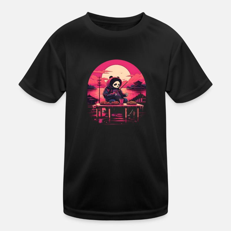 Synthwave eating Panda Japan Sunset Kids Functional T-Shirt