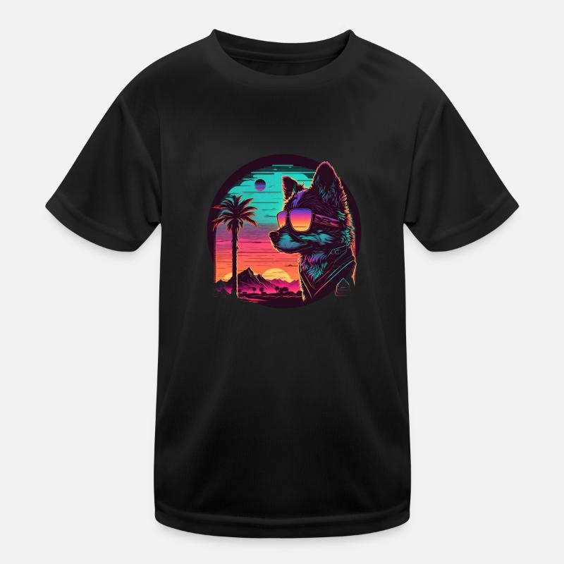 Synthwave dog sunset Kids Functional T-Shirt