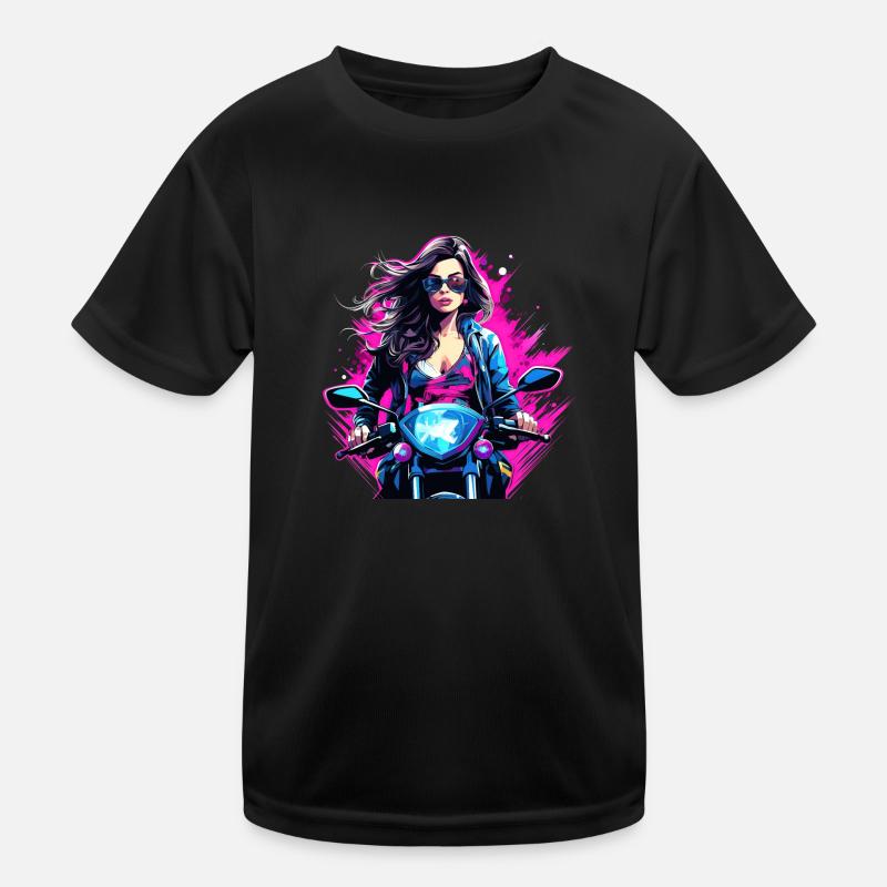 Frau auf dem Motorrad mit Sonnenbrille Kinder Funktions-T-Shirt