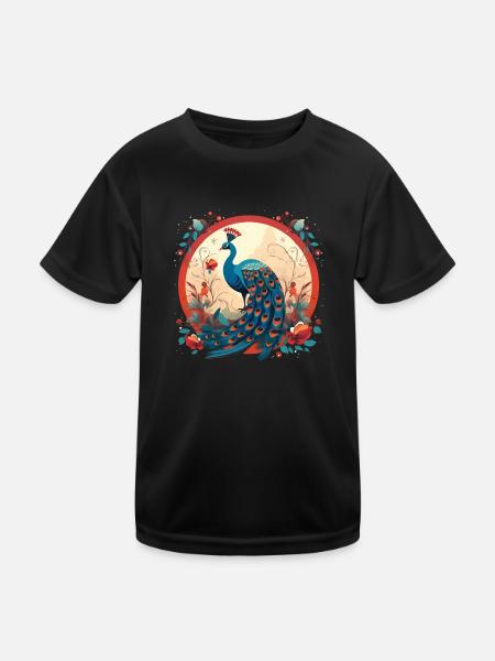 Oiseau paon avec des éléments de floal - T-shirt sport Enfant - noir - Devant