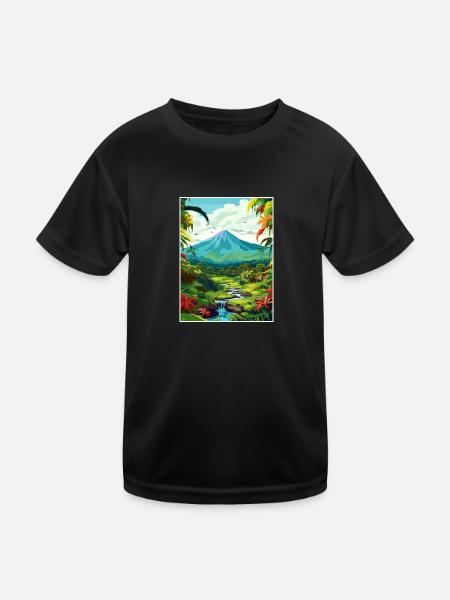 Costa Rica Arenal Volcano Caribbean Travel Poster - Kids Functional T-Shirt - black - Front