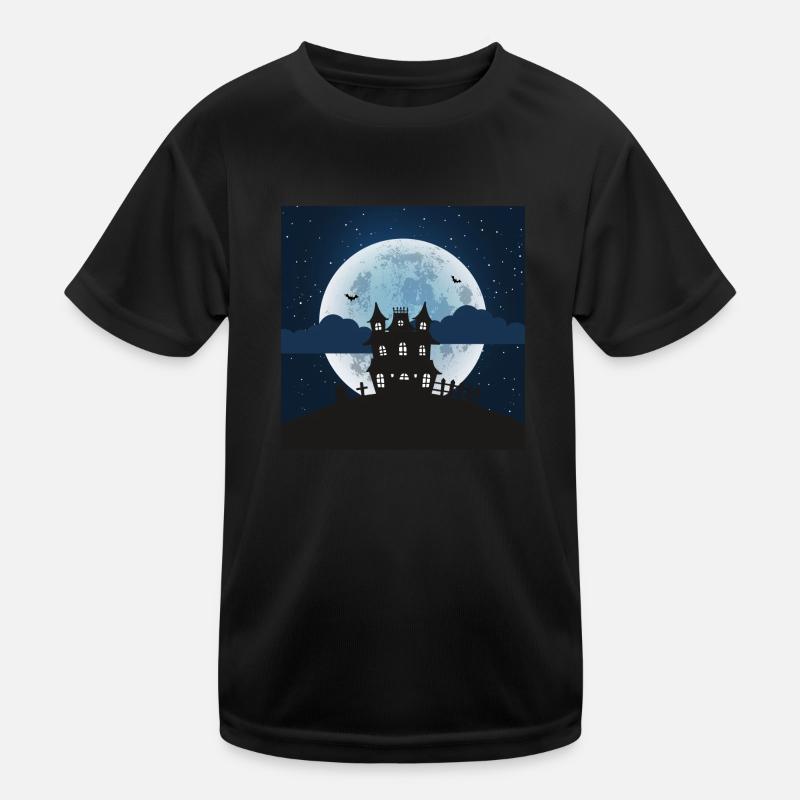 Haunted house with glowing full moon Kids Functional T-Shirt