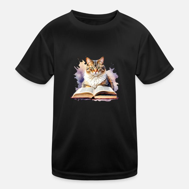 Katze mit Buch Kinder Funktions-T-Shirt