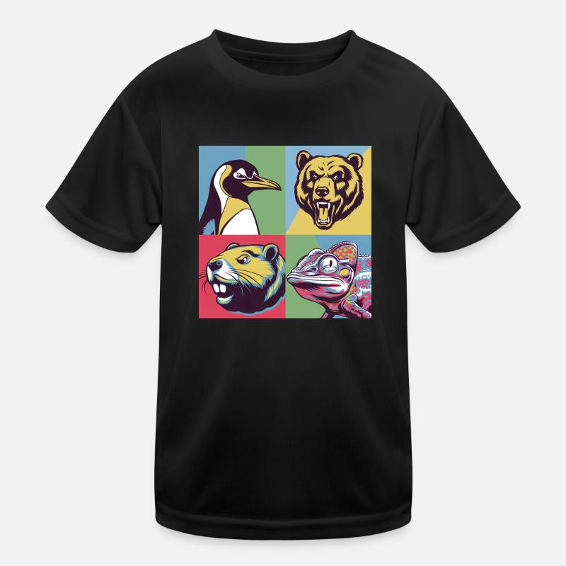 Pop Art Penguin Bear Beaver Chameleon Colorful Animals Kids Functional T-Shirt