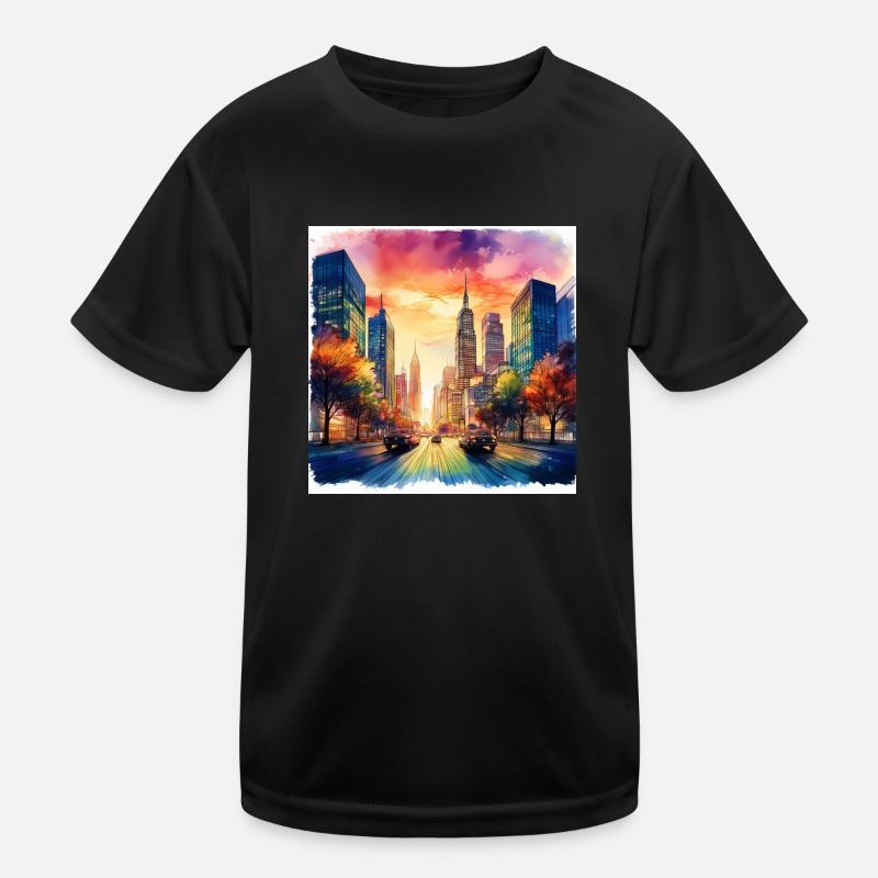Vibrant Cityscape at Sunset Kids Functional T-Shirt