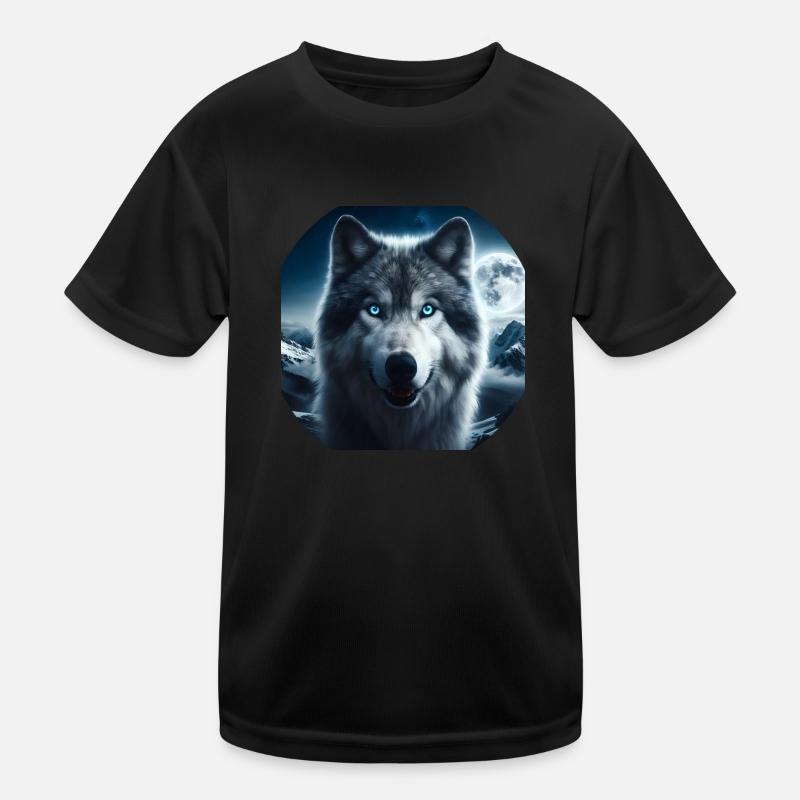 Wolf with blue eyes at night - Kids Functional T-Shirt - black